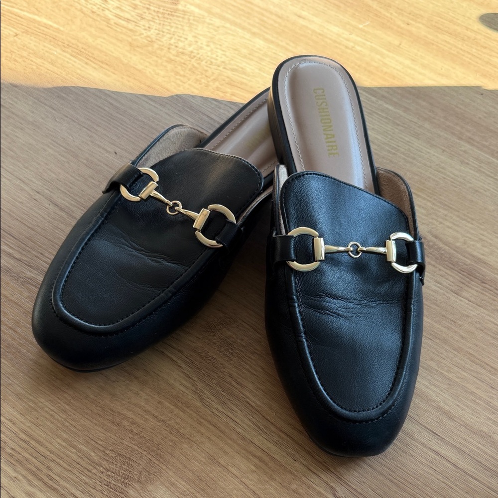 Cushionaire Black Leather Mules with Gold Accents